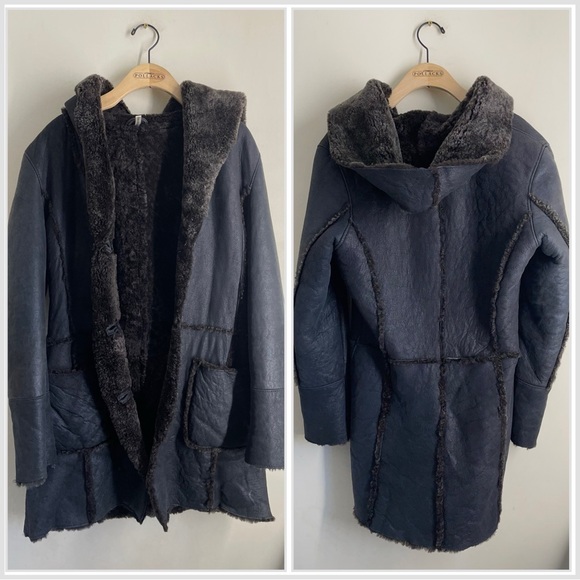Vintage Genuine Shearling Leather Hooded Coat Black sz L made in Uruguay - Picture 1 of 16